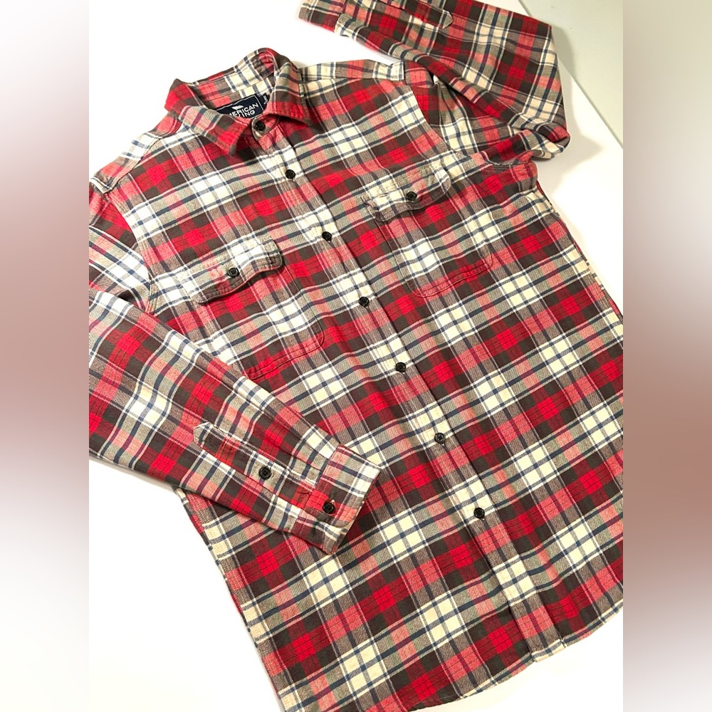 American Living Red and Cream Soft Durable Plaid Button Down Flannel Shirt